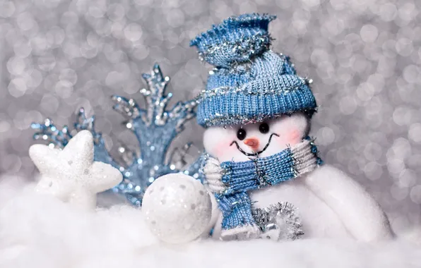 Hat, scarf, snowman, stars, snow