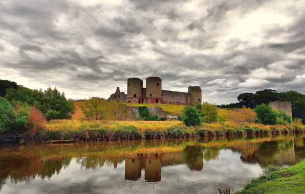 Autumn, clouds, trees, river, castle, hills, shore, UK