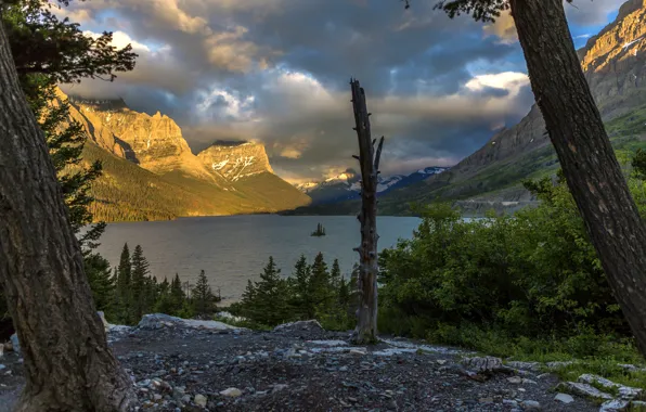 Picture mountains, clouds, lake, rocks, Montana, West Glacier