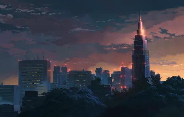 Sunset, The sky, Clouds, Trees, Building, Anime, Twilight, Makoto Xingkai