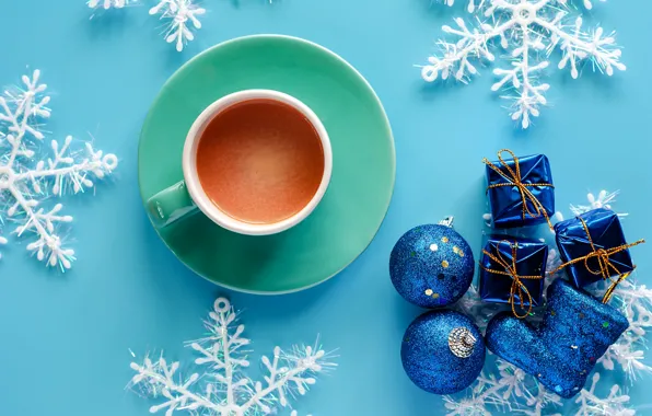 Winter, snowflakes, background, blue, New Year, Christmas, Cup, Christmas