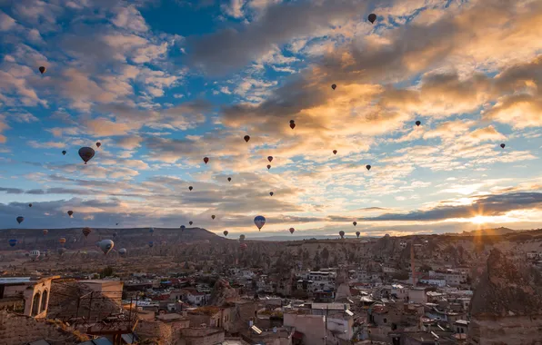 The sky, clouds, mountains, the city, balloon, home