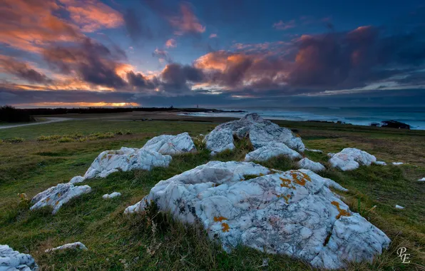 Sea, sunset, stones, coast