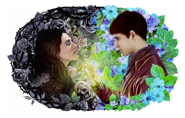 Girl, flowers, guy, by veilaks