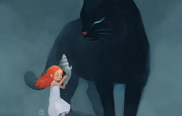 Picture cat, girl, shell
