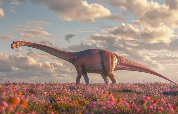 Flowers, Clouds, Dinosaur, Animal, Digital art, Ancient animals, Extinct animals, Prehistoric