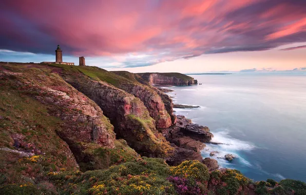 Sea, rocks, coast, France, Clouds, Lighthouse, France, Lighthouse