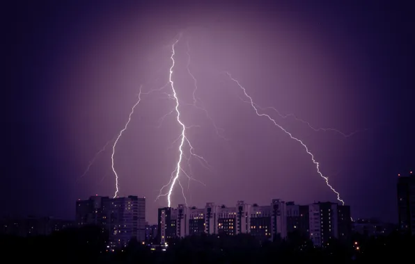 The storm, clouds, the city, element, street, lightning, home