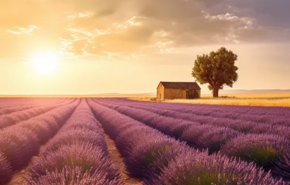 Field, summer, landscape, flowers, nature, house, strip, dal