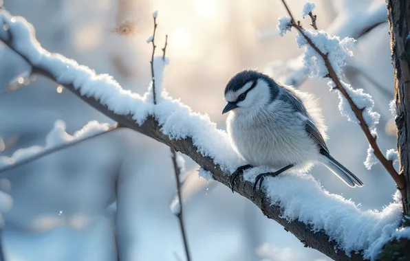 Winter, light, snow, branches, tree, bird, branch, morning