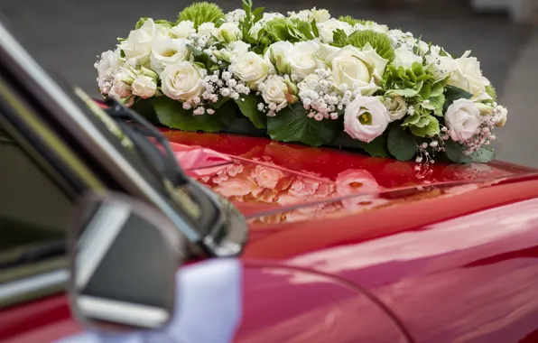 White roses, red car, wedding bouquet