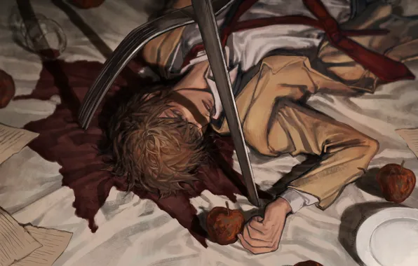 Wine, apples, knife, guy, plug, Death Note, Light Yagami