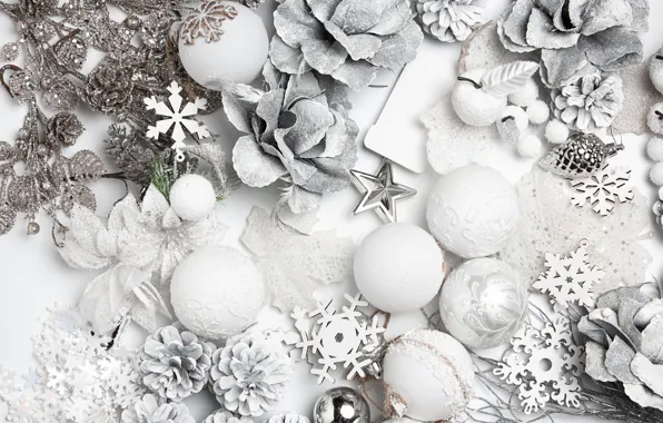 Stars, balls, flowers, snowflakes, toys, silver, Christmas, New year