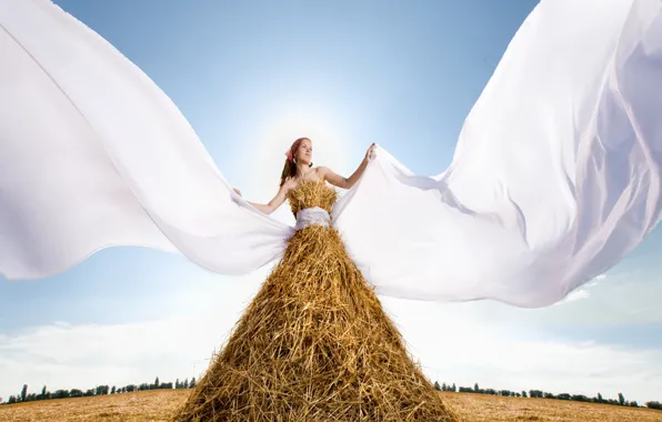 Field, straw, fabric in the wind