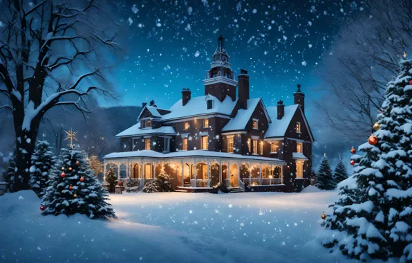 Winter, snow, night, house, Christmas, New year, house, snowfall