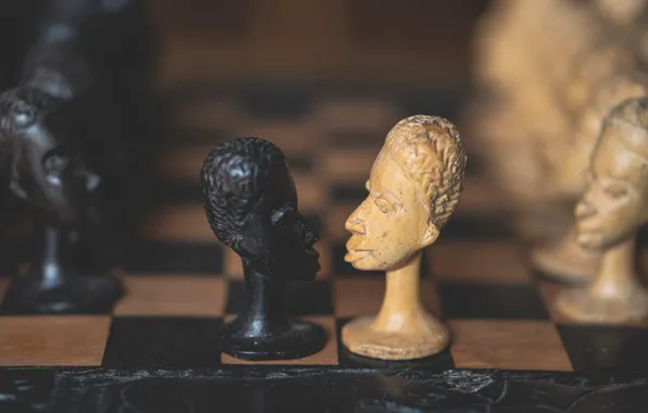 Men, chess, face, white, figures, chess Board, black, bokeh