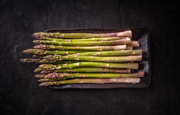 The dark background, the beam, vegetables, asparagus, the substrate