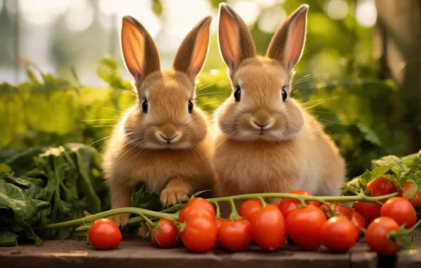 Look, nature, pose, rabbits, kids, a couple, Duo, vegetables
