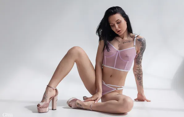 Girl, pose, panties, figure, brunette, tattoo, linen, legs