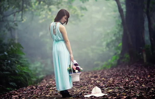 Summer, girl, flowers, hat, Asian
