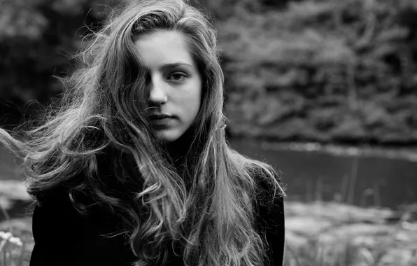Picture look, girl, the wind, hair, b/W, singer, birdy