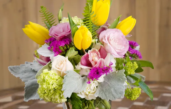 Roses, bouquet, tulips, hydrangea, eustoma, Tulips, Bouquets, Eustoma