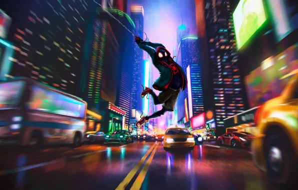 Road, machine, night, the city, lights, street, shorts, cartoon