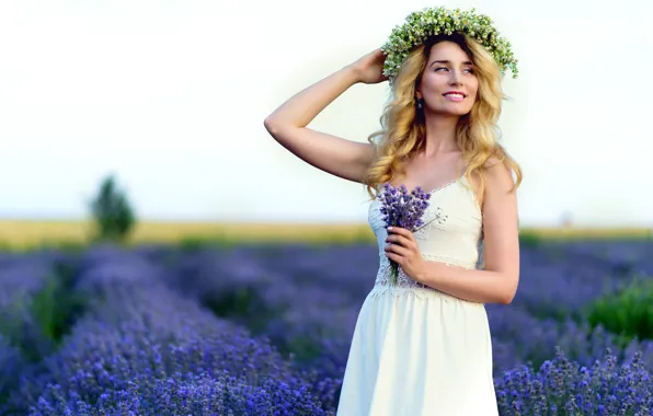 Field, look, girl, flowers, makeup, wreath, lavender