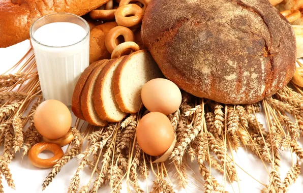 Food, eggs, milk, bread, ears, drying, chicken, wallpaper.
