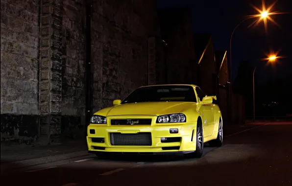 Picture GT-R, Night, Skyline, Yellow, R34, Road