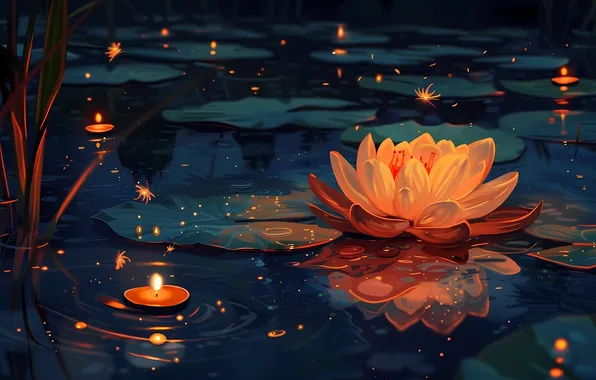 Flower, night, pond, candles, pond, Nymphaeum, water Lily, AI art
