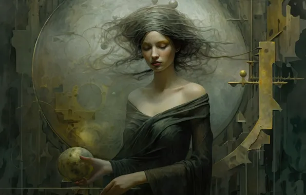 Girl, abstraction, face, ball, portrait, hands, dress, art