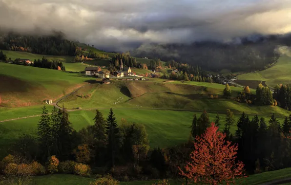 Autumn, clouds, trees, landscape, mountains, nature, home, village