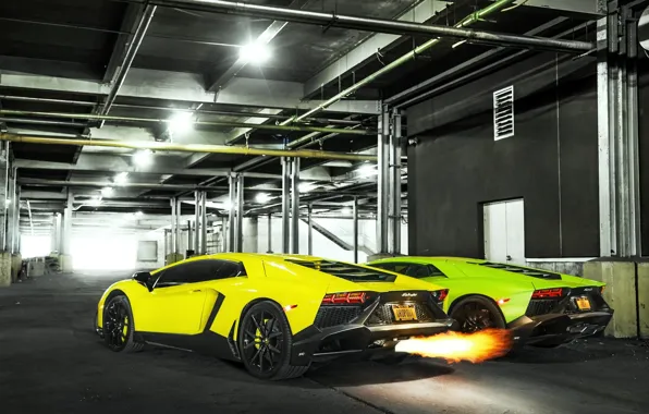 Lamborghini, Fire, Green, Yellow, Aventador, Supercars, LP720-4, 50 Anniversario Edition