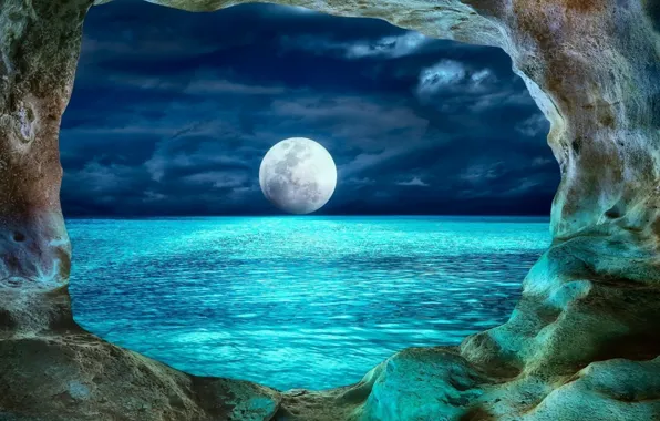 Landscape, night, the ocean, the moon, cave, moon, ocean, landscape