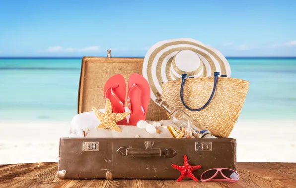 Picture sand, sea, Board, bottle, hat, glasses, shell, suitcase