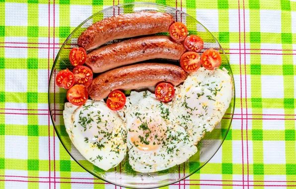 Picture sausage, plate, scrambled eggs, tomatoes