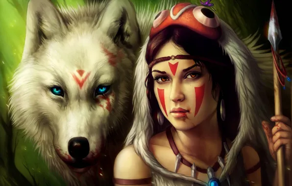 Picture girl, blood, wolf, spear, Princess Mononoke, Princess Mononoke