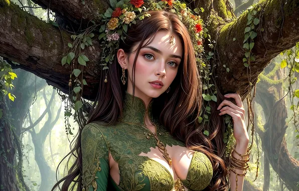 Girl, cleavage, trees, nature, blue eyes, flowers, crown, leaves