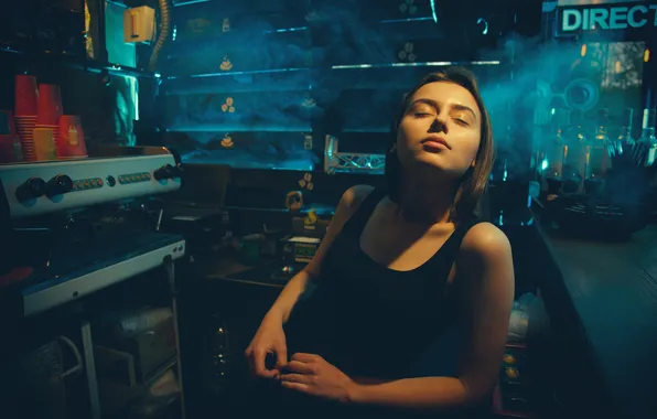 Girl, portrait, bar, Mike, closed eyes, Viacheslav Krivonos