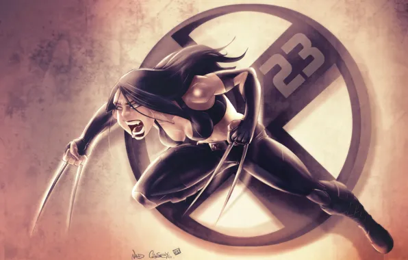 Girl, jump, rage, X-Men, swords, Wolverine, simple background, X-23