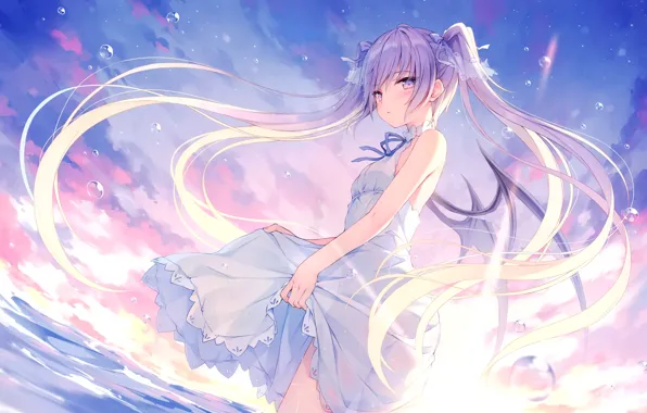 Picture girl, sexy, beach, long hair, dress, sea, boobs, anime