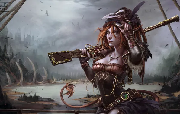 Clouds, bridge, the city, lake, necklace, tail, crows, hunter