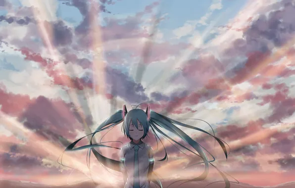 Girl, clouds, sunset, art, Hatsune Miku, Vocaloid, Vocaloid
