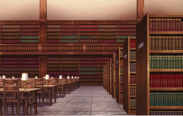 Picture books, chairs, tables, library, visual novel, deserted, table lamp, Surah Of The Digit