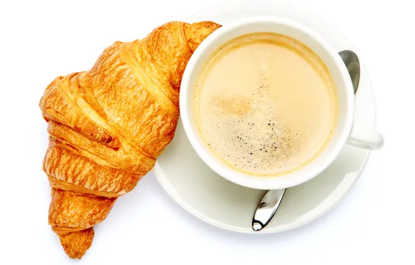 Picture coffee, spoon, Cup, white background, drink, the view from the top, saucer, croissant