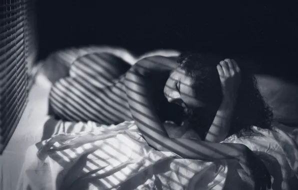 Girl, bed, shadows, girl, blinds, bed, shadows, blinds