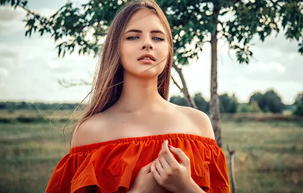 Picture girl, trees, nature, neckline, brown hair, shoulders