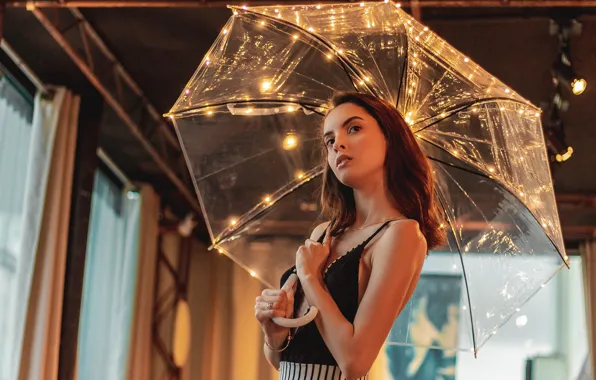 Look, girl, photo, umbrella, lights