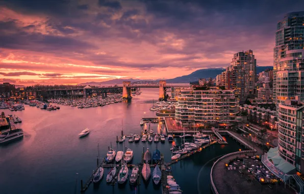 The sky, clouds, light, sunset, mountains, bridge, the city, lights